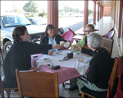 At the Strawberry Cafe. Left to right: Jen, JoAnne, Marcie, Cheri.